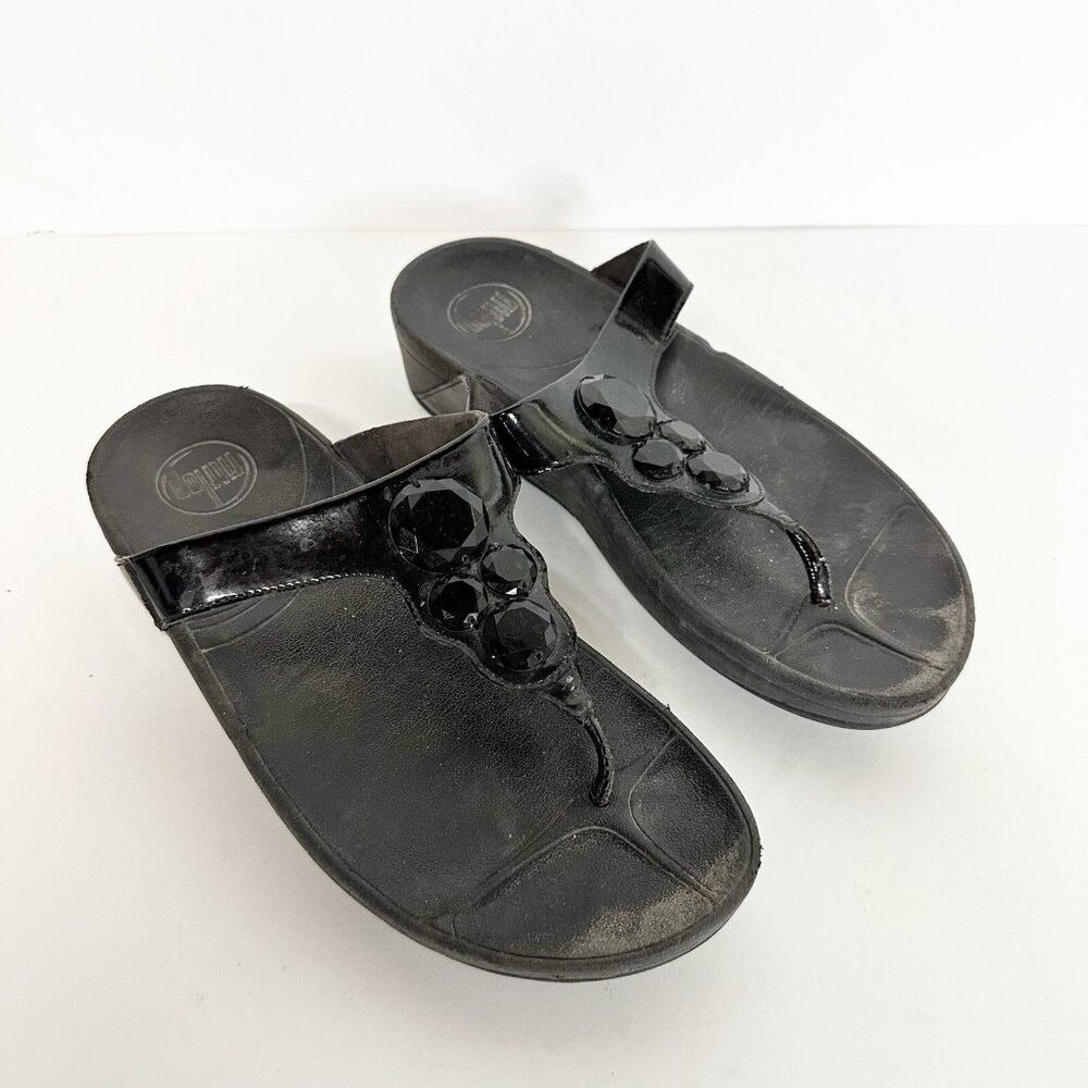 FitFlop Cha Cha Beaded Toe Post Thong Sandal Womens Size 9 Black